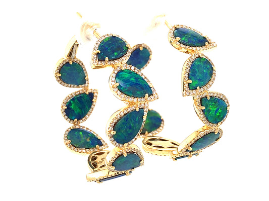 BLACK OPAL DOUBLET & DIAMOND HOOP EARRING, 18KY (ASBL)