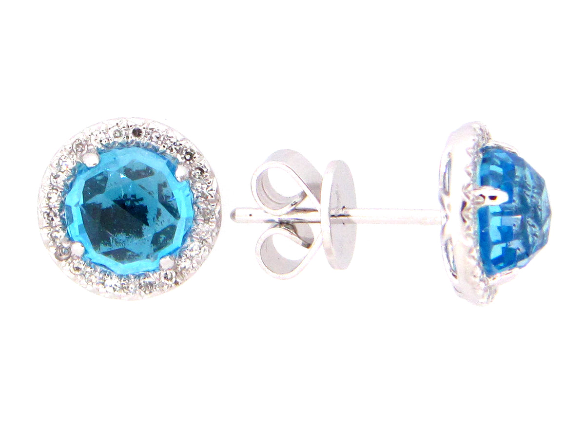 SWISS BLUE TOPAZ & DIAMOND STUD EARRING, 14KW (R)
