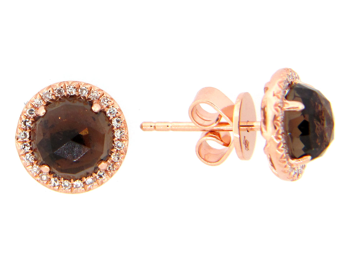 SMOKEY QUARTZ & DIAMOND STUD EARRING, 14KR (H/N)