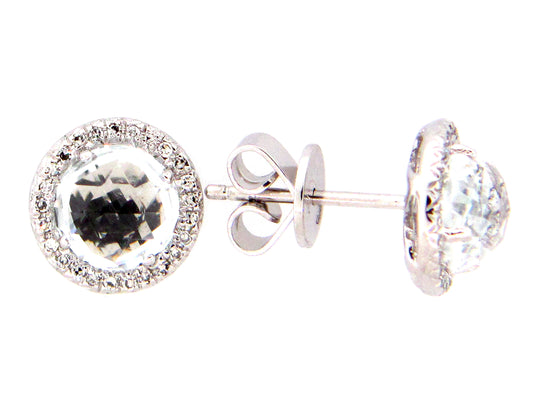WHITE TOPAZ & DIAMOND STUD EARRING, 14KW (H)