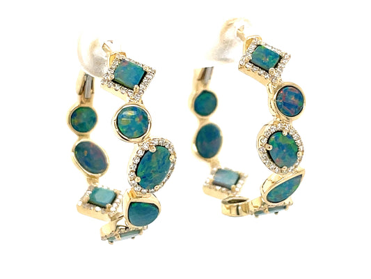 BLACK OPAL DOUBLET OVAL PEAR ROUND SQUARE & DIAMOND 25MM HOOP EARRING