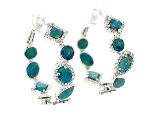 BLACK OPAL DOUBLET OVAL PEAR ROUND SQUARE & DIAMOND 25MM HOOP EARRING