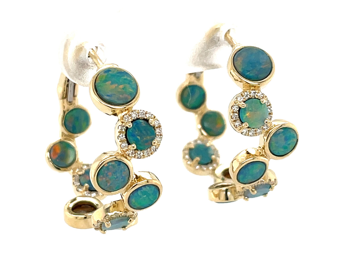 BLACK OPAL DOUBLET ROUND & DIAMOND 22MM HOOP EARRING