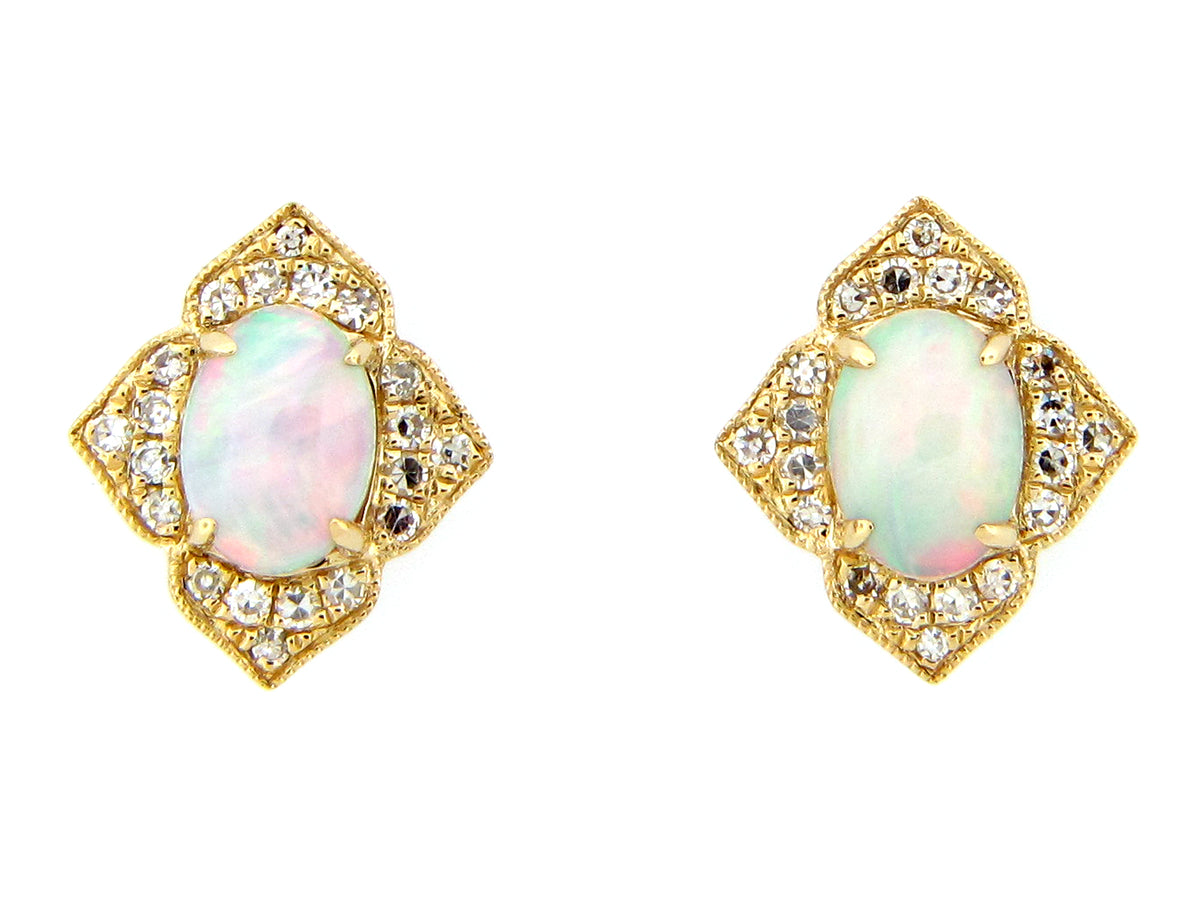 OPAL OVAL & DIAMOND HALO ART DECO STUD EARRING