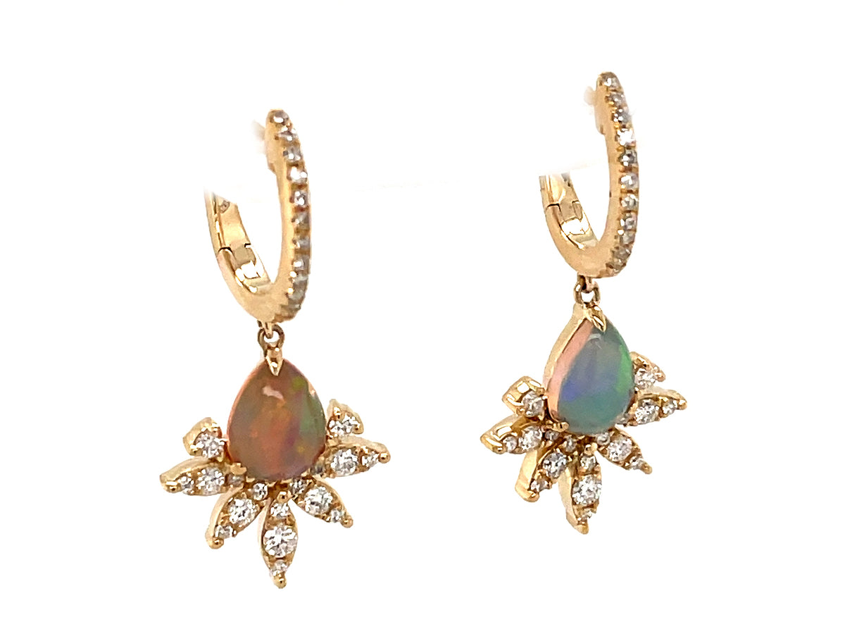 OPAL PEAR & DIAMOND CROWN DANGLE EARRING, 14KY (N)