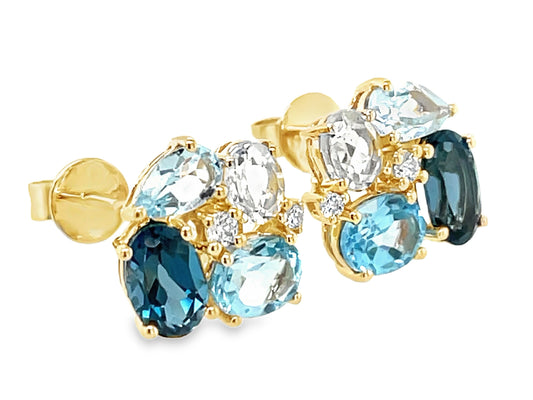 BLUE TOPAZ CLUSTER & DIAMOND STUD EARRING