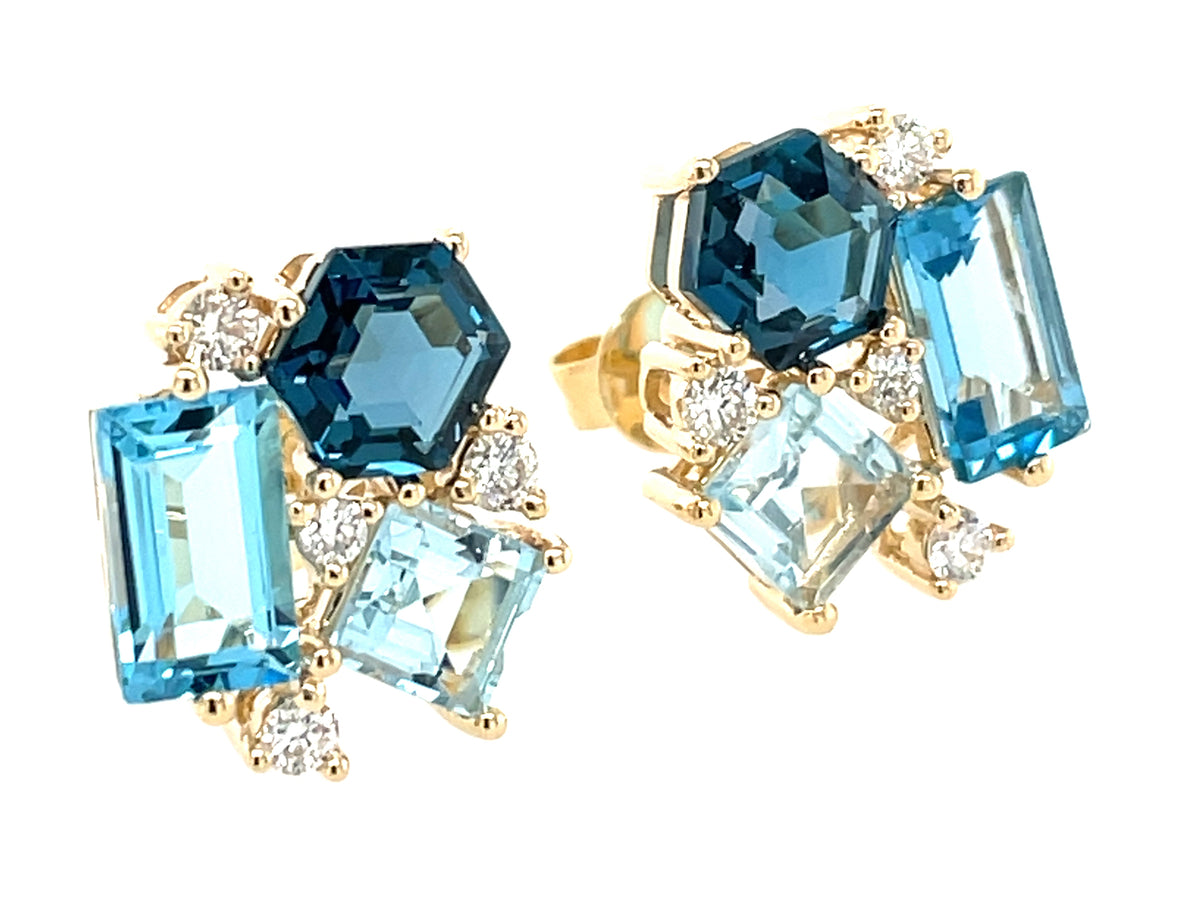 BLUE TOPAZ CLUSTER & DIAMOND STUD EARRING