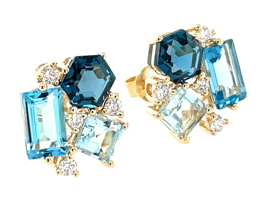 BLUE TOPAZ CLUSTER & DIAMOND STUD EARRING