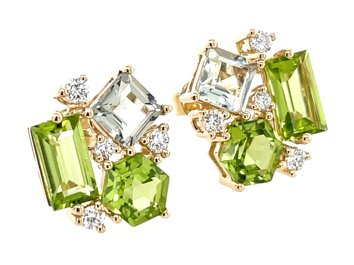 PERIDOT, GREEN AMETHYST CLUSTER & DIAMOND STUD EARRING