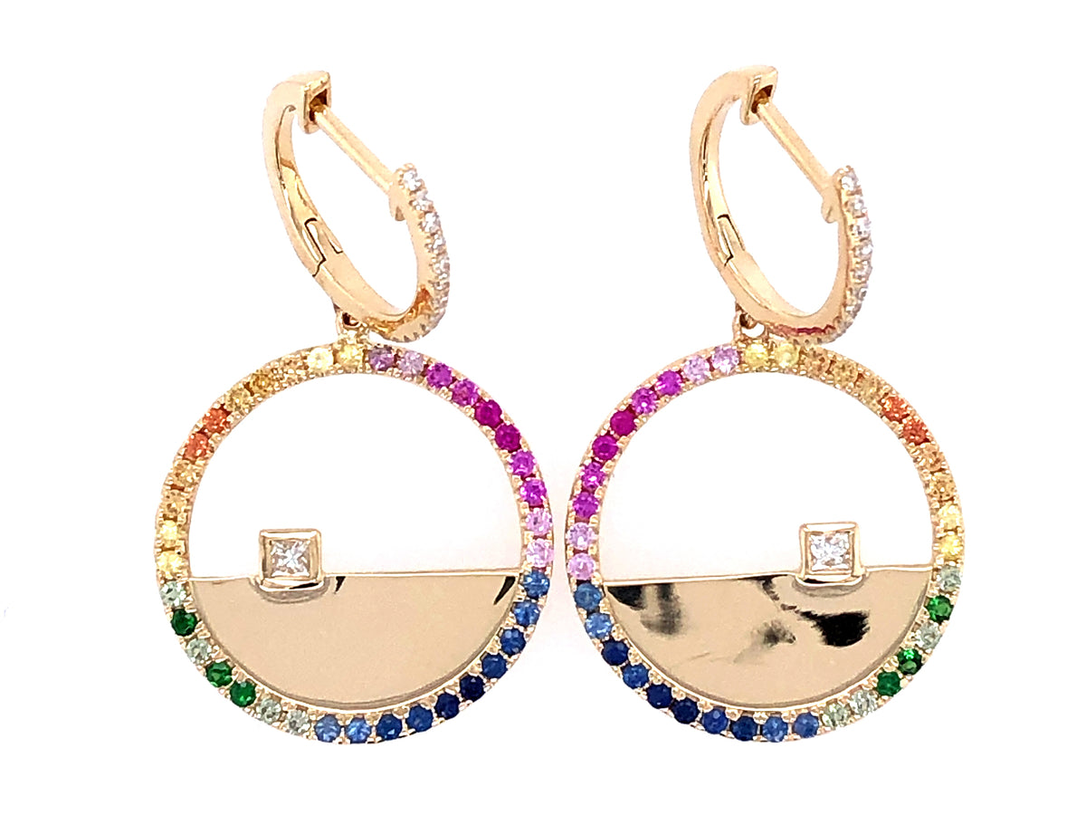 RAINBOW SAPPHIRE & DIAMOND HALF DISC EARRING, 14KY (H/U/N)