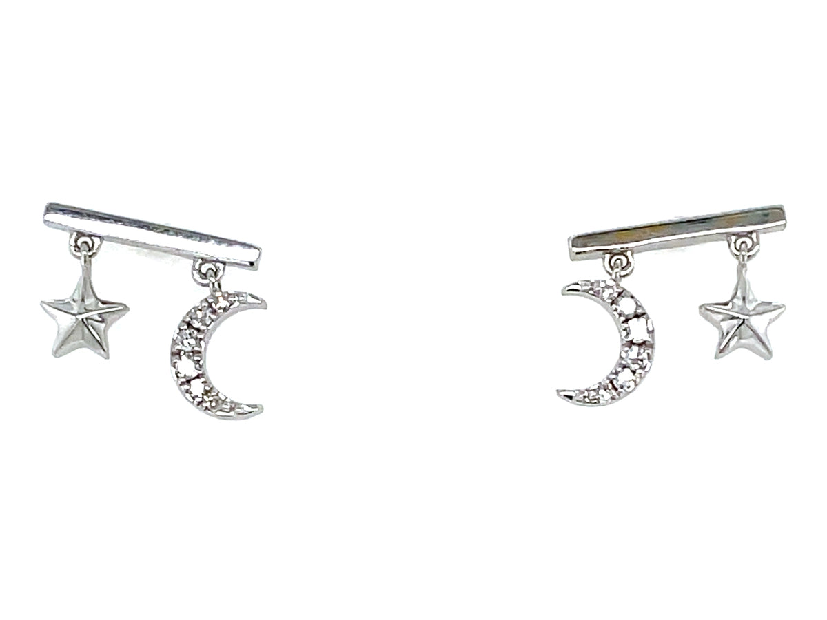 DIAMOND CRESCENT MOON & STAR CHARM BAR STUD EARRING