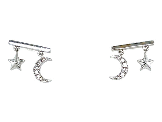 DIAMOND CRESCENT MOON & STAR CHARM BAR STUD EARRING