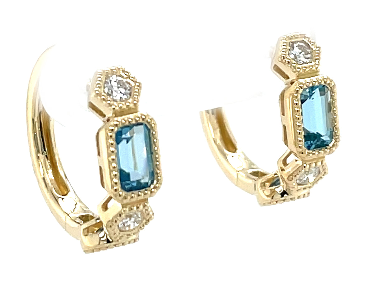 Blue Topaz Diamond Alterning Hoop Earring, 16mm