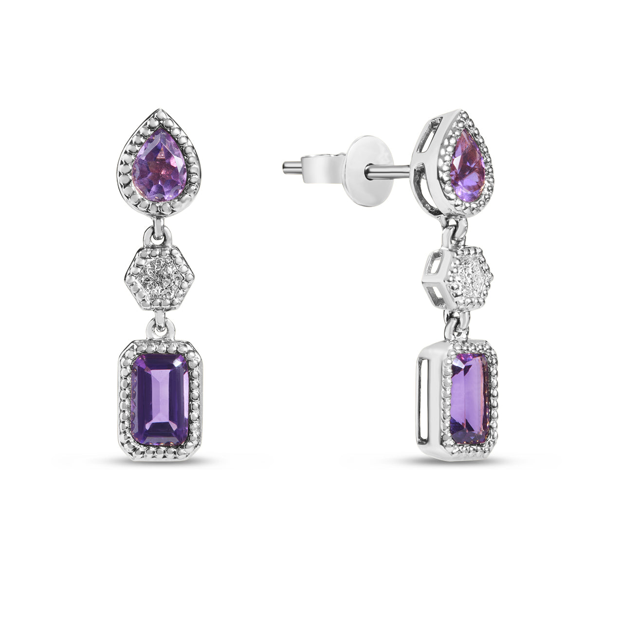Amethyst & Diamond 3 Stone Dangle Earring