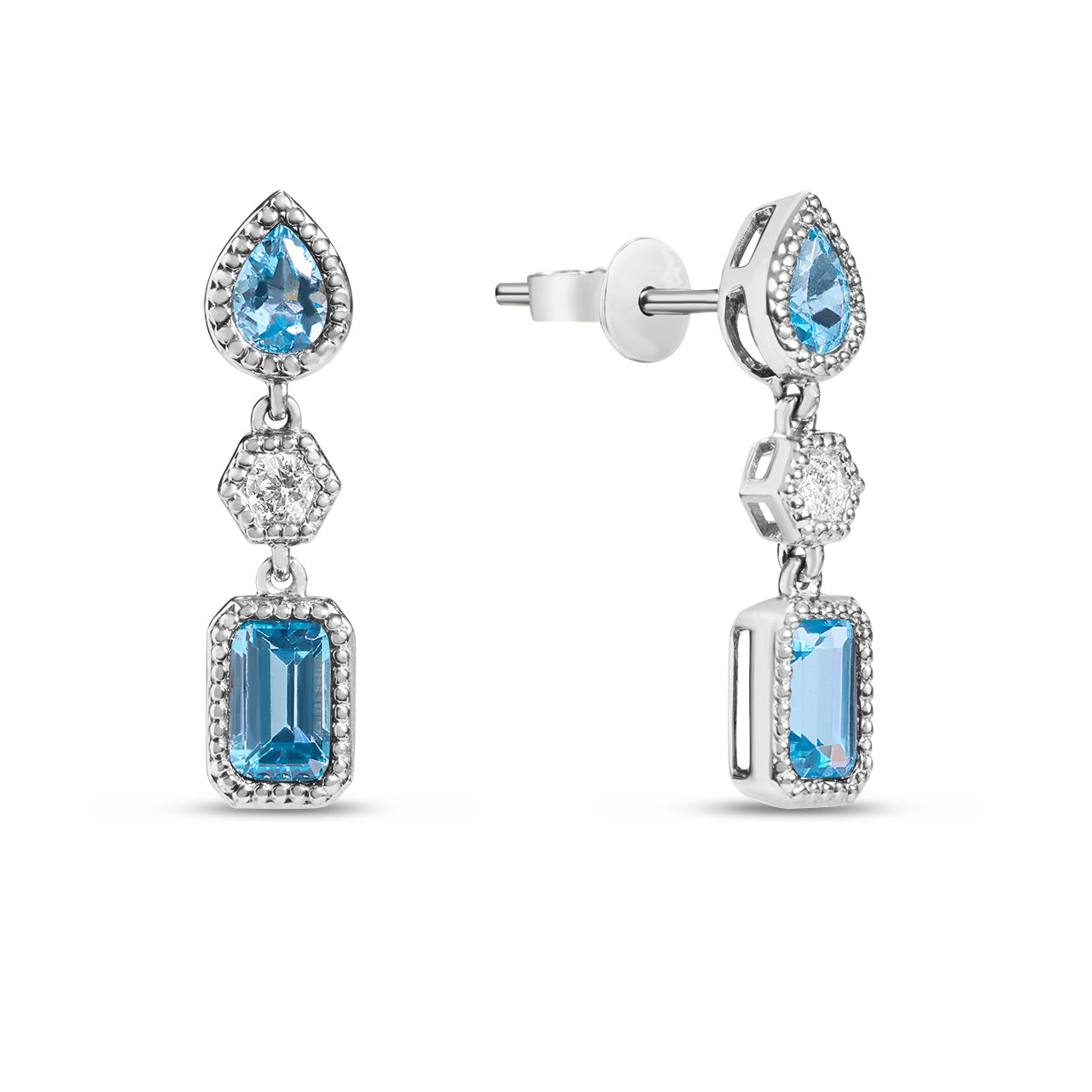 Blue Topaz & Diamond 3 Stone Dangle Earring