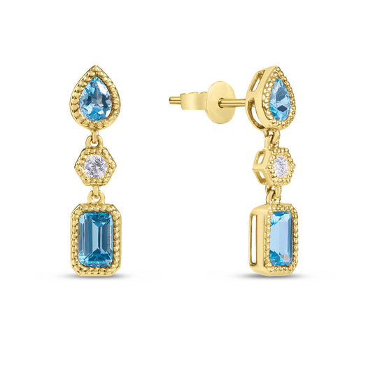 Blue Topaz & Diamond 3 Stone Dangle Earring