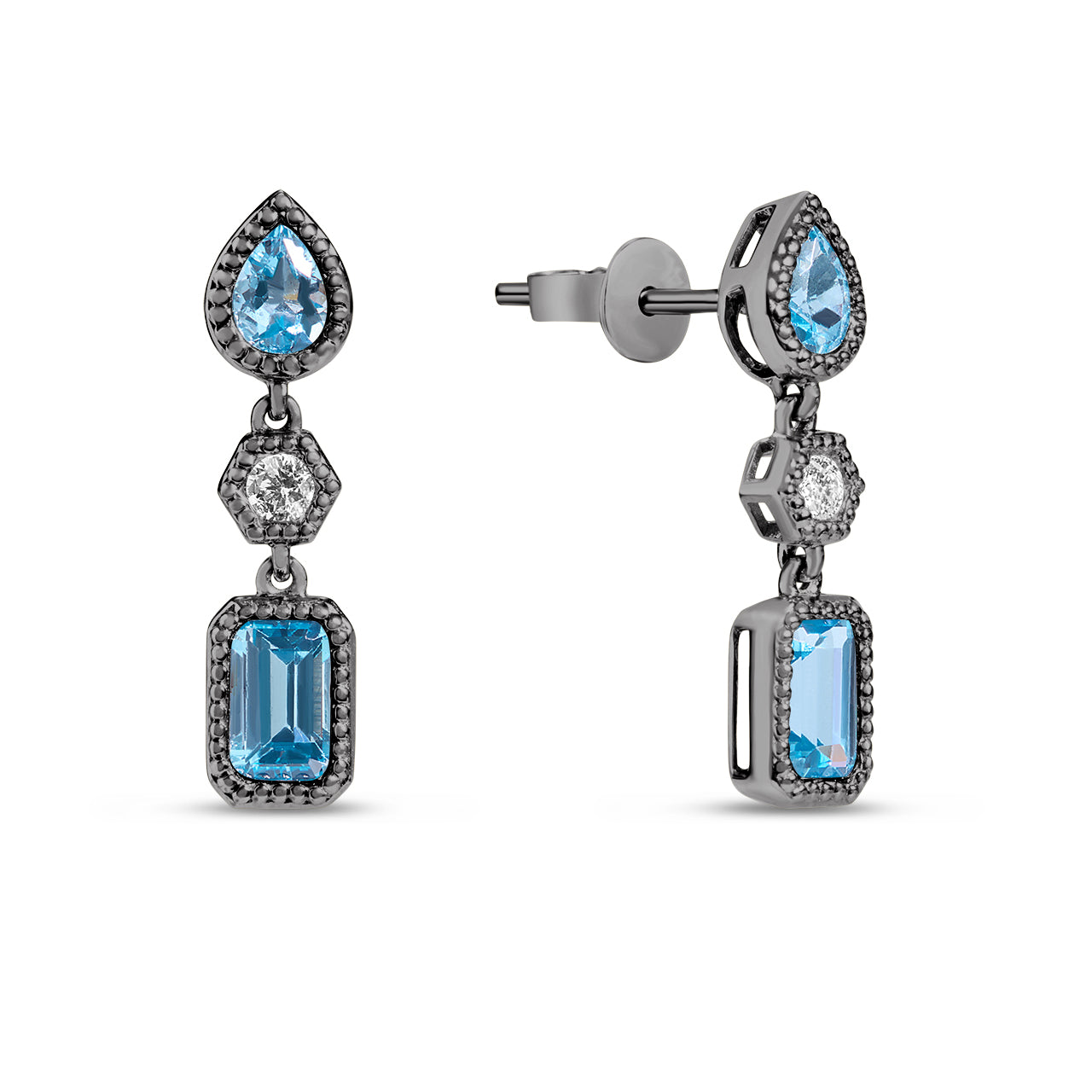 Blue Topaz & Diamond 3 Stone Dangle Earring