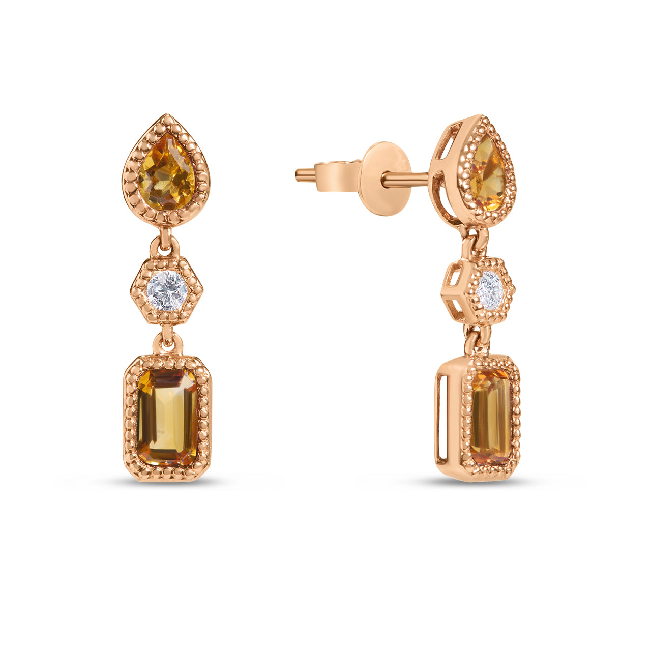 Citrine & Diamond 3 Stone Dangle Earring