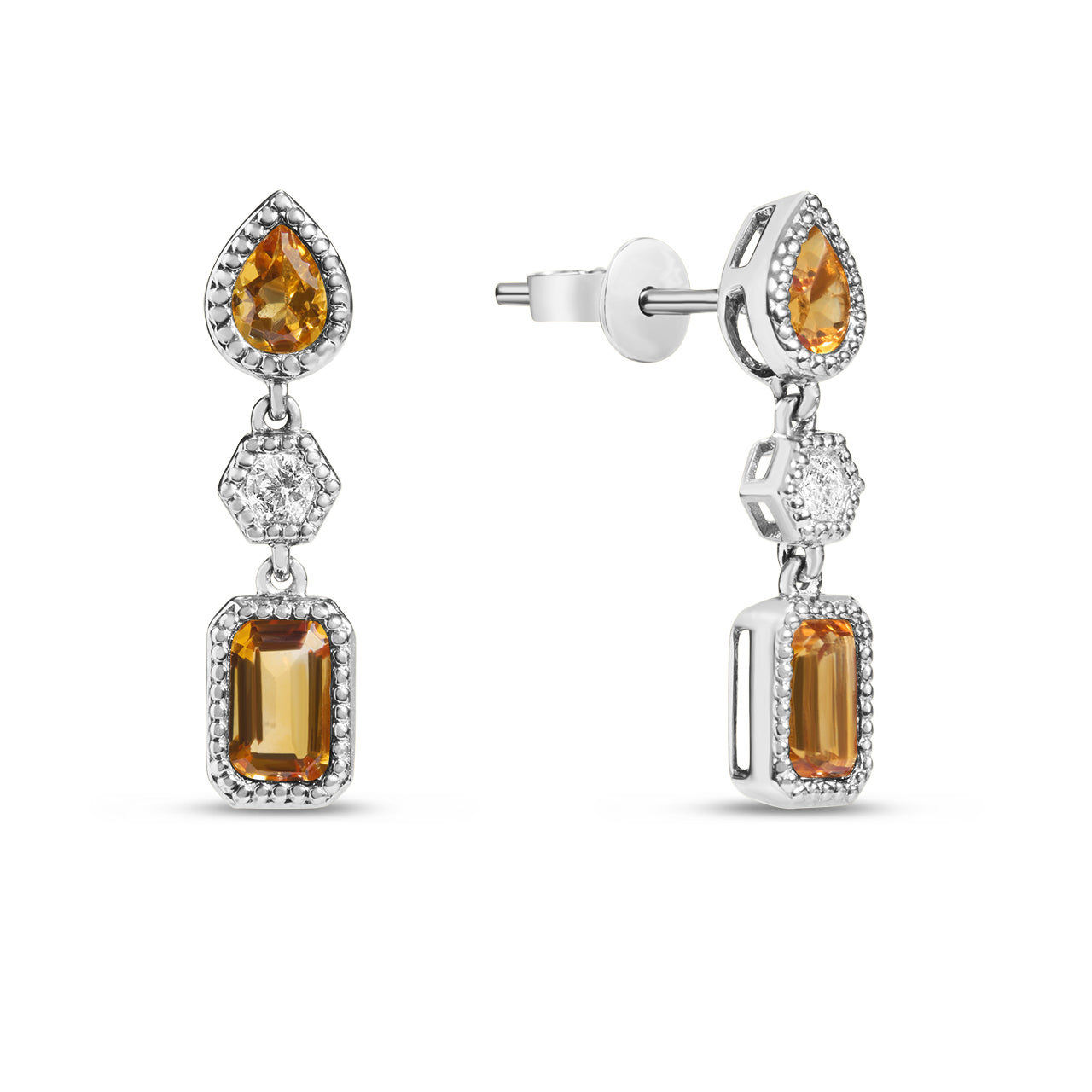 Citrine & Diamond 3 Stone Dangle Earring
