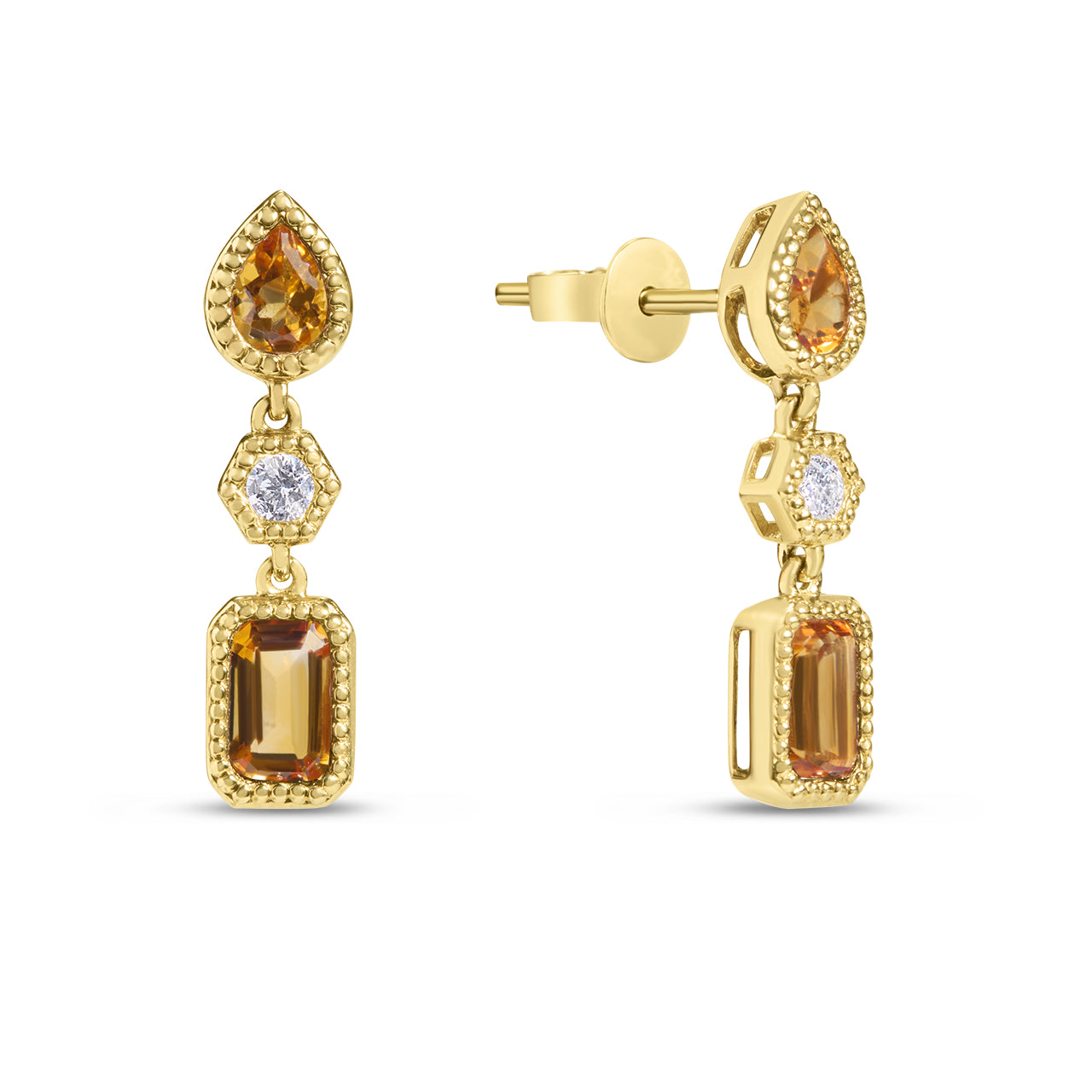 Citrine & Diamond 3 Stone Dangle Earring