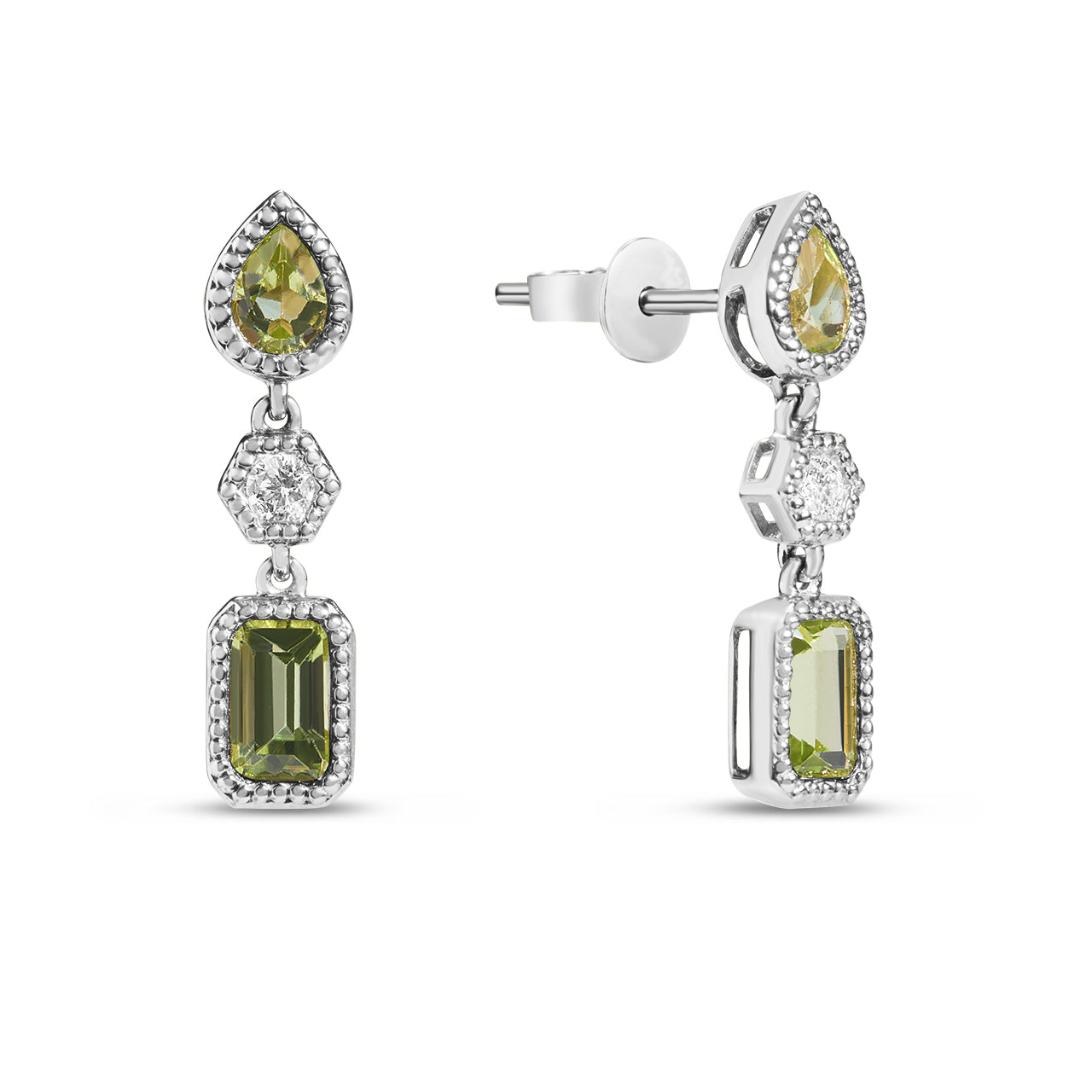 Peridot & Diamond 3 Stone Dangle Earring
