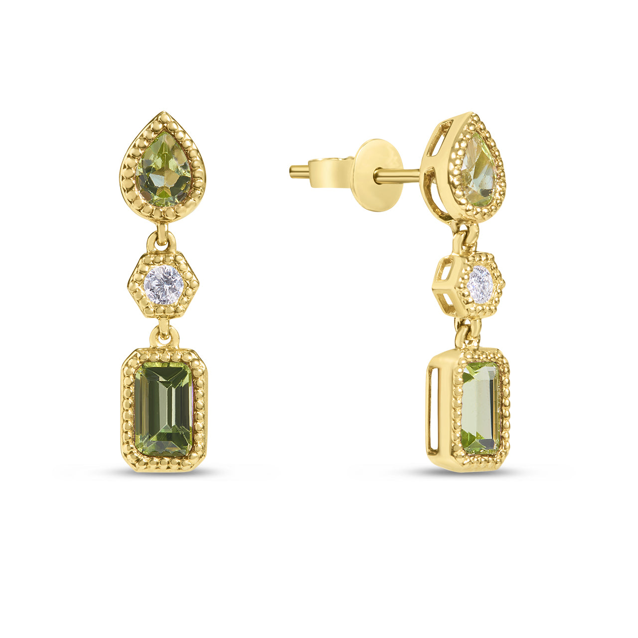 Peridot & Diamond 3 Stone Dangle Earring