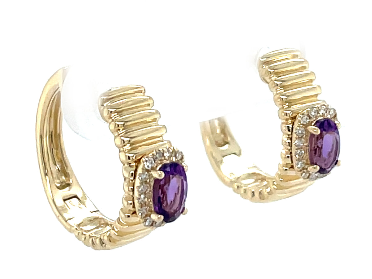 Amethyst Oval Diamond Halo Ribbed Hoop Earring