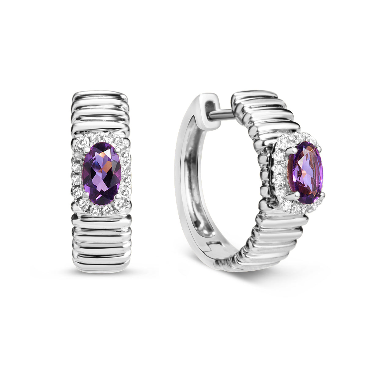 Amethyst & Diamond Fluted Huggie Earring