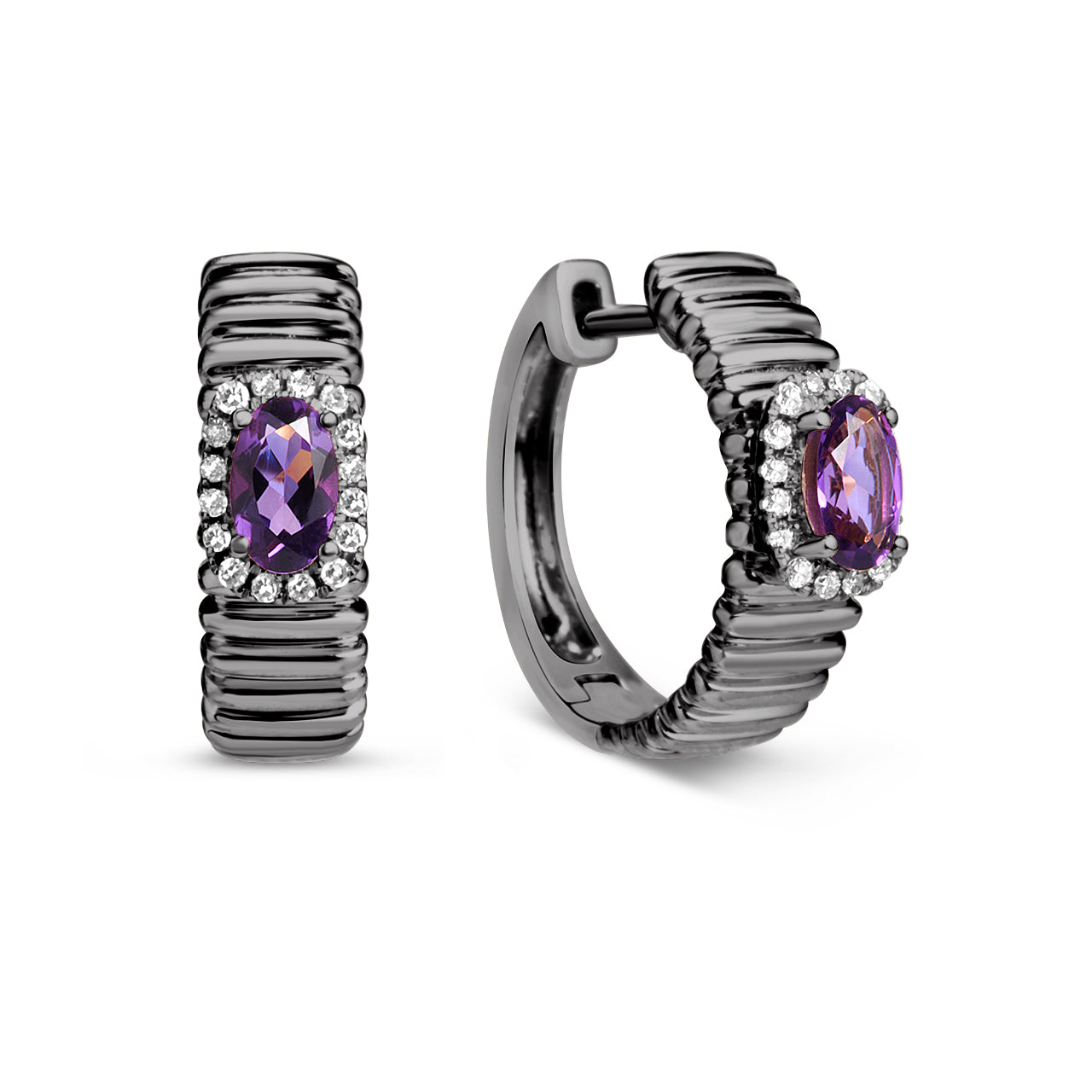 Amethyst & Diamond Fluted Huggie Earring