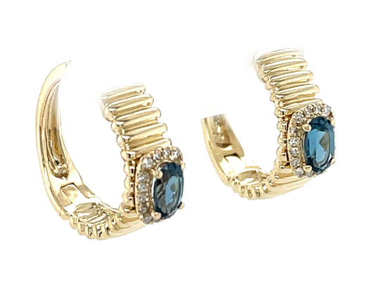 Blue Topaz Oval Diamond Halo Ribbed Hoop Earring
