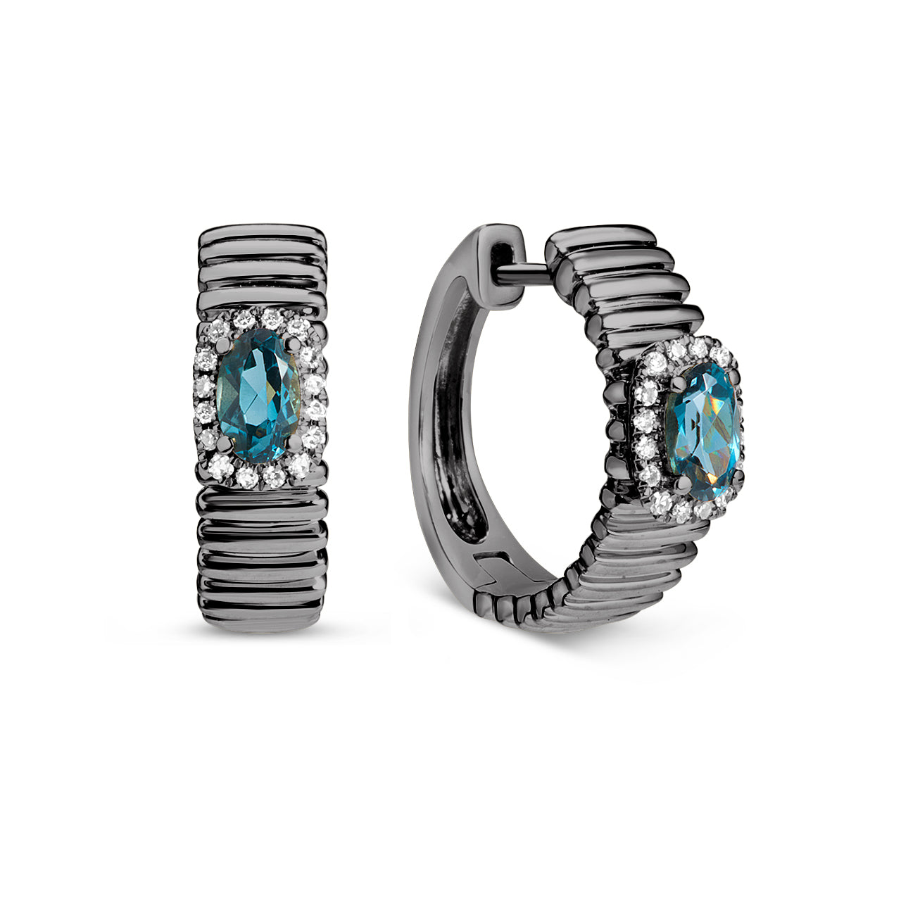 Blue Topaz & Diamond Fluted Huggie Earring