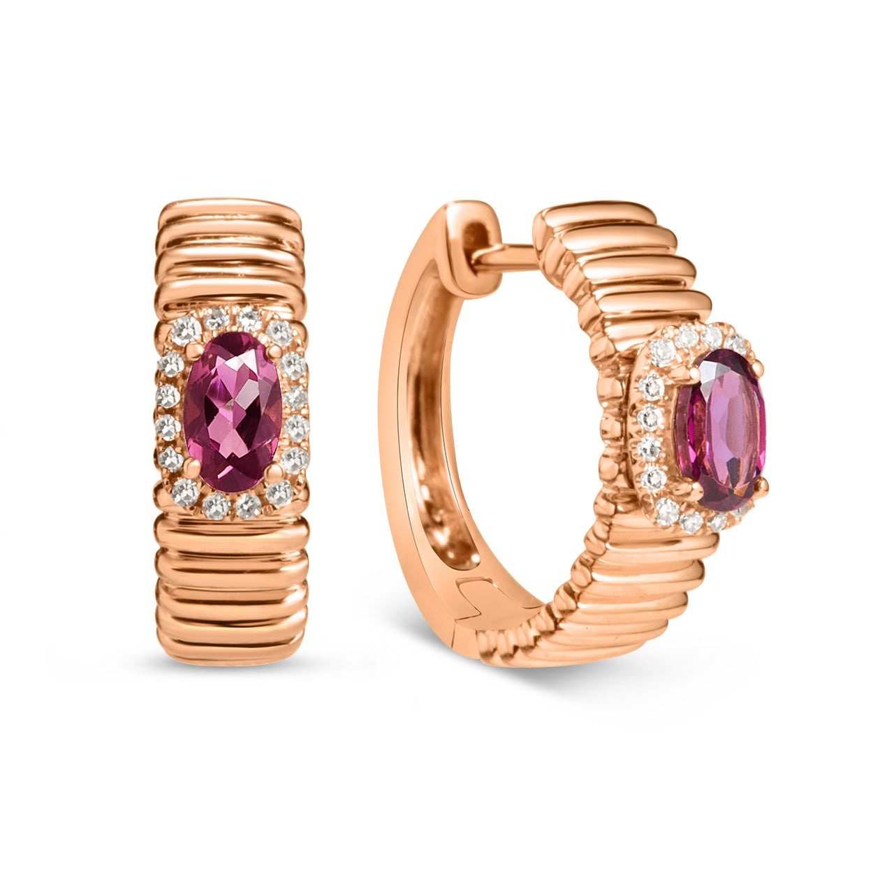 Rhodolite & Diamond Fluted Huggie Earring