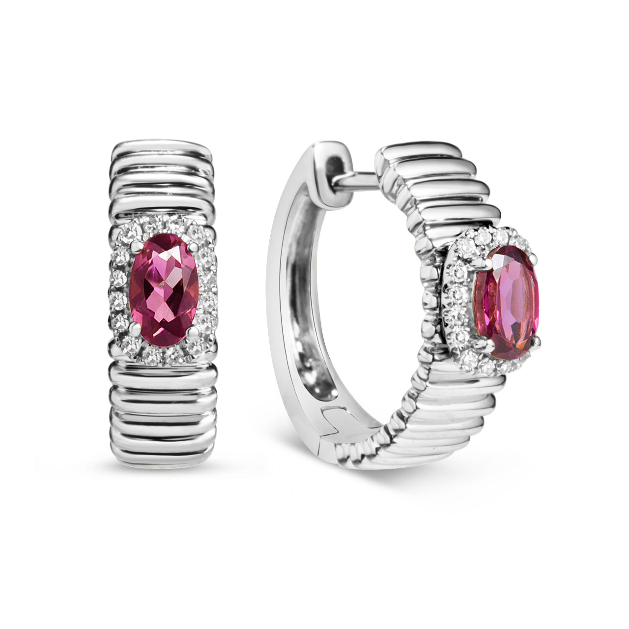 Rhodolite & Diamond Fluted Huggie Earring