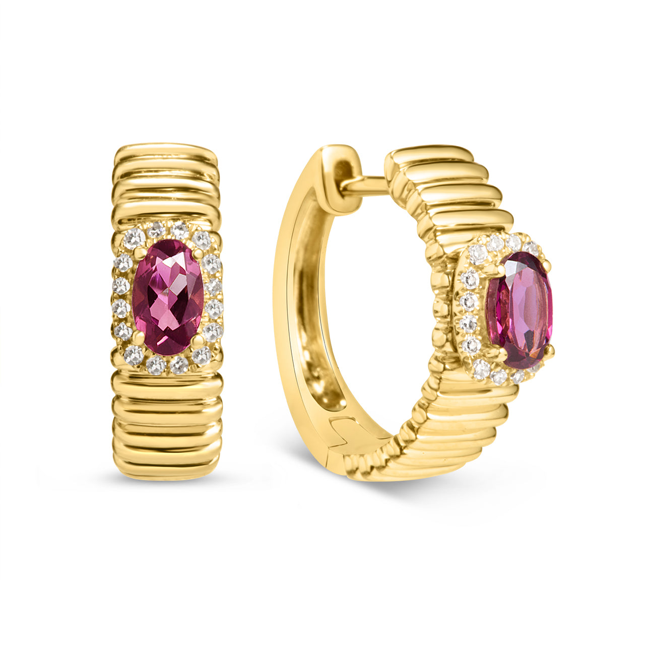 Rhodolite & Diamond Fluted Huggie Earring