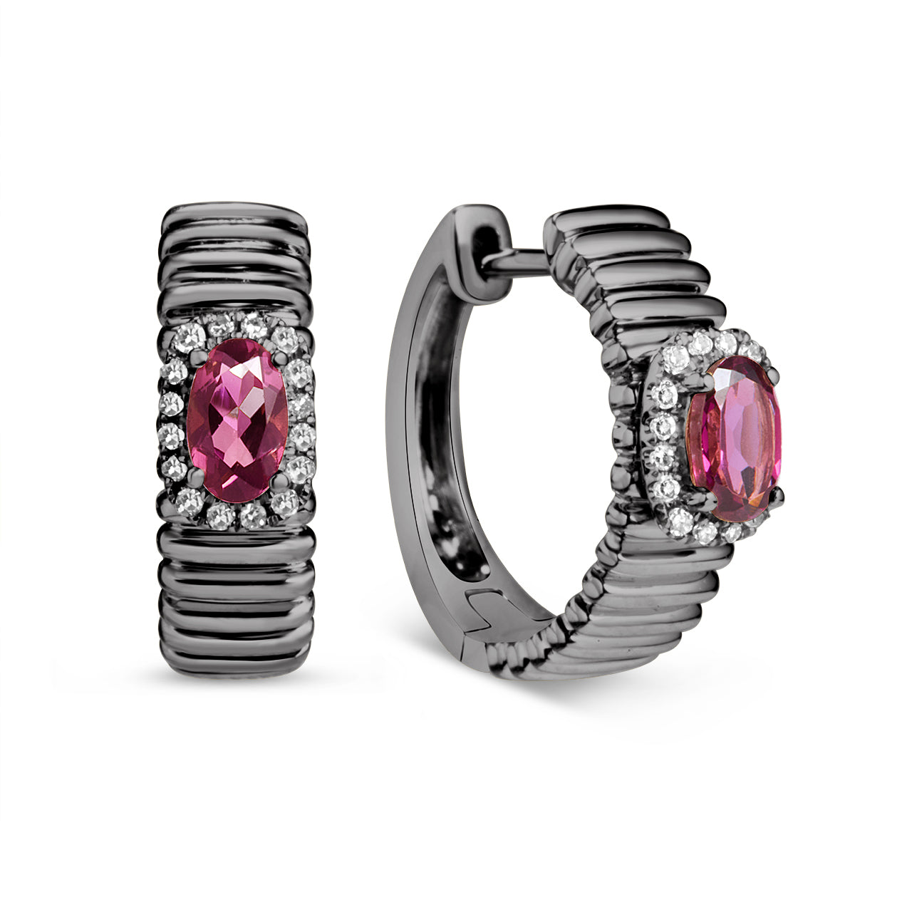 Rhodolite & Diamond Fluted Huggie Earring