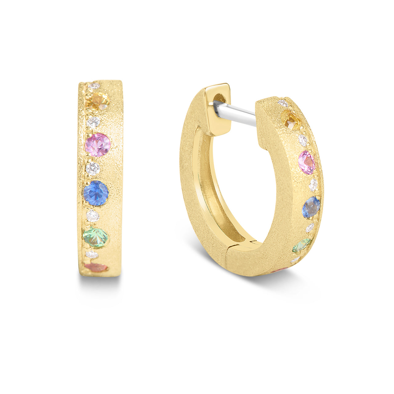 Rainbow Sapphire & Diamond Alternating Flush Huggie Earring