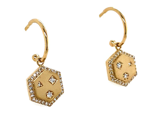 DIAMOND HEXAGON J HOOP DANGLE EARRING,  SATIN FINISH