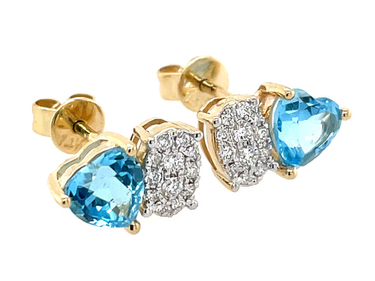 BLUE TOPAZ HEART & DIAMOND PAVE CUSHION TOI ET MOI STUD EARRING