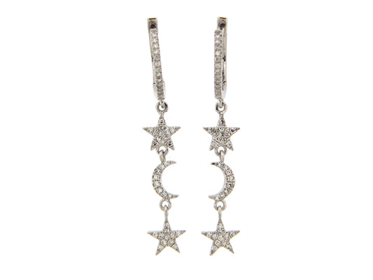 DIAMOND PAVE STAR & CRESCENT MOON DANGLE EARRING, 18KW (N)