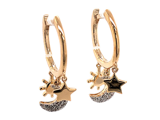 DIAMOND STAR MOON SUN CHARM DANGLE EARRING, 14KY (N)