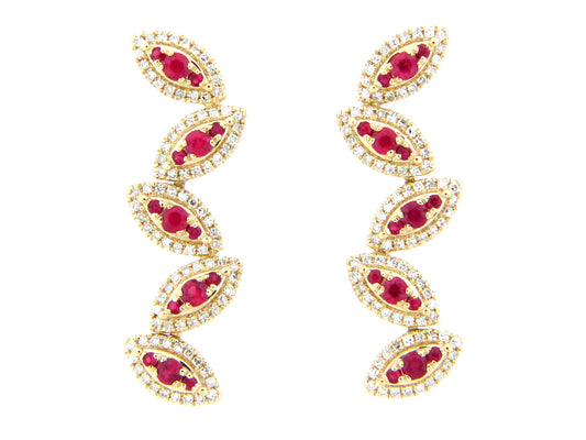 RUBY & DIAMOND MARQUISE CLUSTER PIVOTING EARRING, 14KY (H)