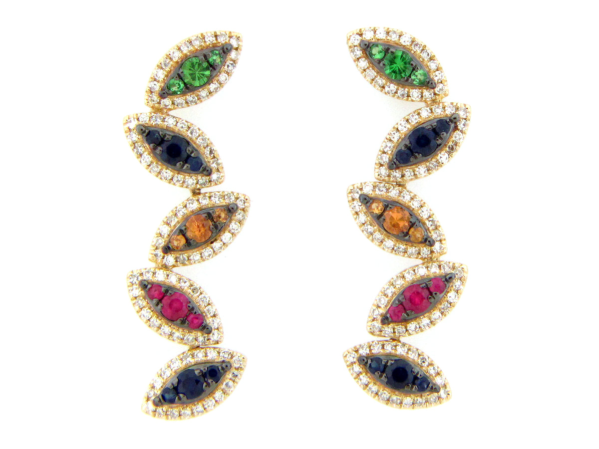 RAINBOW SAPPH, TSAV & DIAMOND MARQUISE CLUSTER PIVOTING EARRING, 14KY (H/U/N)