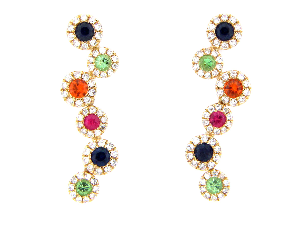 RAINBOW SAPPHIRE, TSAVORITE & DIAMOND ROUND PIVOTING EARRING, 14KY (H/U/N)