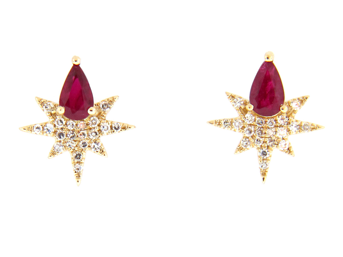 RUBY PEAR & DIAMOND STAR STUD EARRING, 14KY (H)