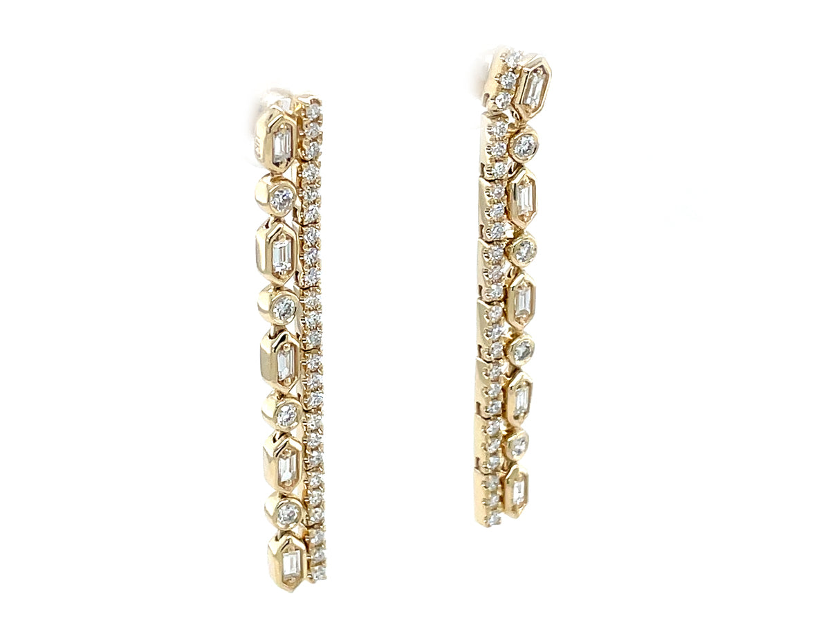 Diamond Baguette Round 2 Row Dangle Earring