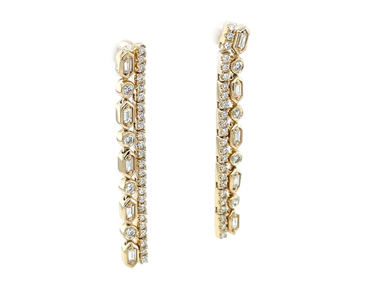 Diamond Baguette Round 2 Row Dangle Earring