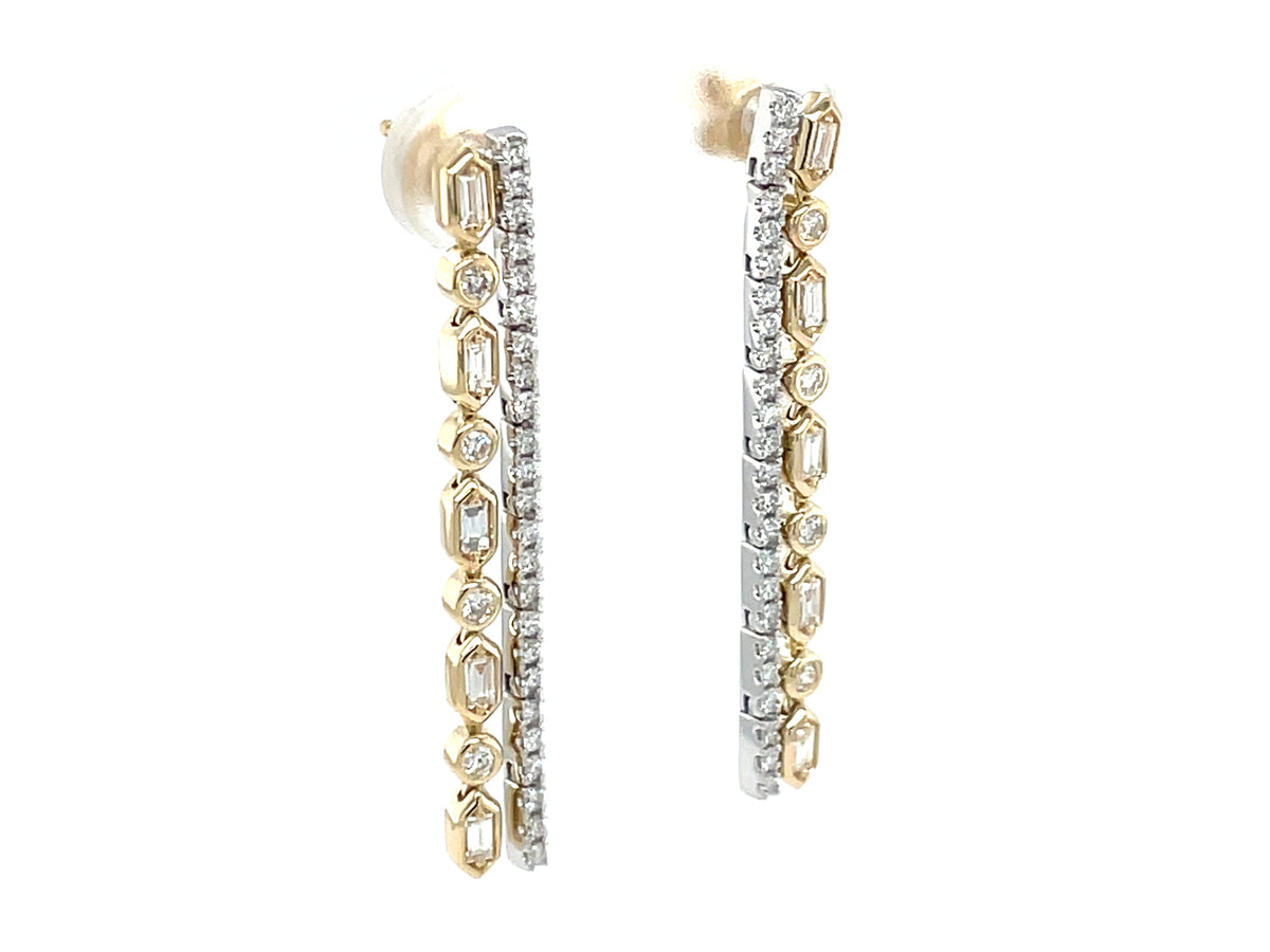 Diamond Baguette Round 2 Row Dangle Earring