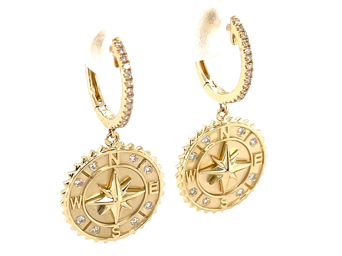 DIAMOND COMPASS MEDALLION DANGLE EARRING, 14.5MM, SATIN FINISH, 14KY (N)
