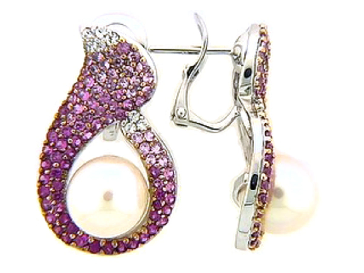 PINK SAPPHIRE & CULTURED FRESHWATER PEARL EARRING, 18KW (H)
