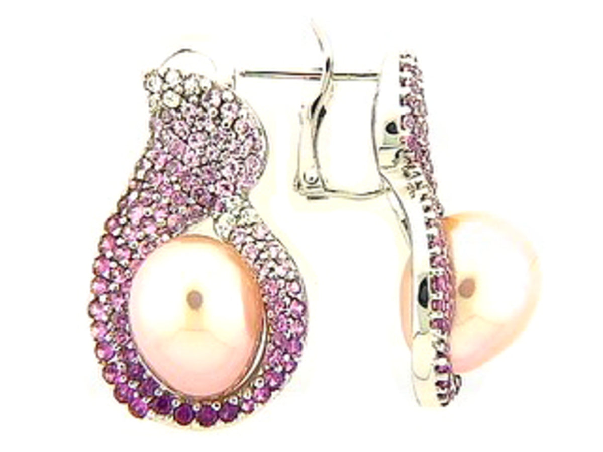 PINK SAPPHIRE & CULTURED FRESHWATER PEARL EARRING, 18KW (H)